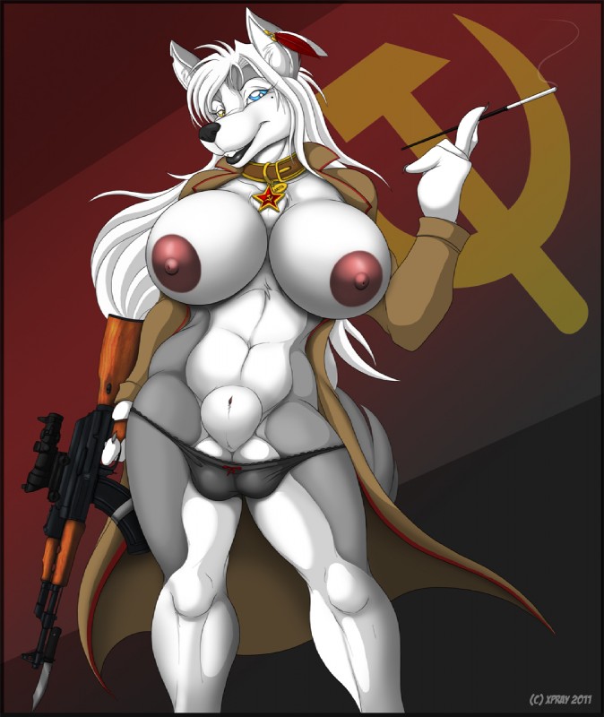 acog_scope ak-47 ak_platform animal_genitalia anthro areola assault_rifle balls bayonet big_breasts big_sheath biped black_lips black_nose blue_eyes breasts bulge cigarette cigarette_holder claws clothing collar communism ear_piercing fully_sheathed genitals grey_body grey_skin gun gynomorph hair heterochromia holding_gun holding_object holding_ranged_weapon holding_weapon intersex jacket knife lips long_hair looking_at_viewer navel nipples panties piercing politics ranged_weapon rifle russia russian sheath smile smoke smoking smoking_cigarette solo soviet_union text thick_bottom_lip topwear underwear weapon white_body white_hair white_skin yellow_eyes xpray jsc_kalashnikov_concern akita_stromfield canid canine canis domestic_dog husky mammal nordic_sled_dog spitz 2011 hi_res