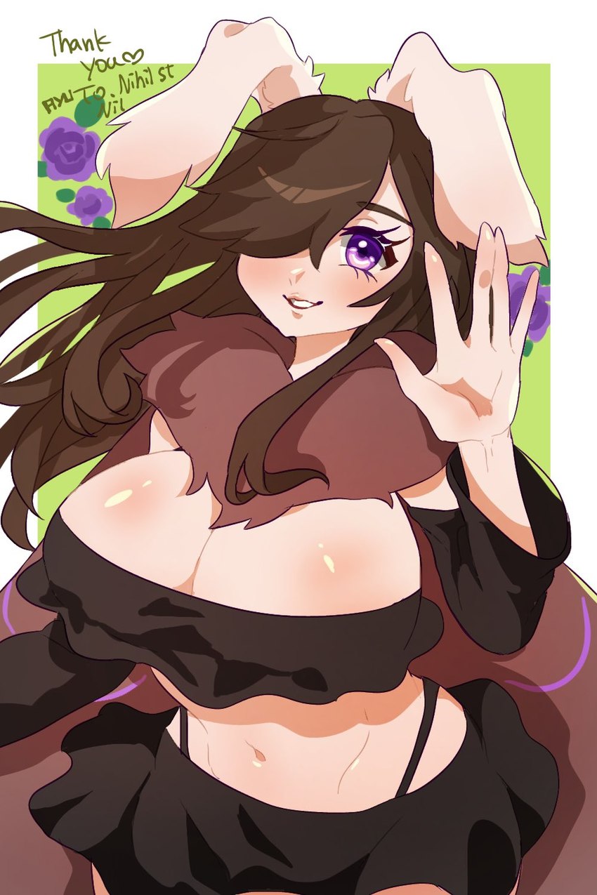 big_breasts black_clothing breasts brown_hair brown_wings cleavage clothed clothed_female clothed_humanoid clothing eyebrow_through_hair eyebrows eyelashes female female_humanoid gesture glistening glistening_body glistening_breasts glistening_eyes glistening_skin hair heart_after_text heart_symbol long_hair looking_at_viewer markings navel neck_tuft one_eye_obstructed purple_eyes purple_markings purple_wings simple_background skimpy smile smiling_at_viewer solo standing text translucent translucent_hair tuft two_tone_wings waving waving_at_viewer wing_markings wings garyu410 miu_xanna_(nofacelord) animal_humanoid arthropod arthropod_humanoid humanoid insect insect_humanoid lepidopteran lepidopteran_humanoid moth_humanoid 2023 2:3 english_text half-length_portrait hi_res portrait signature