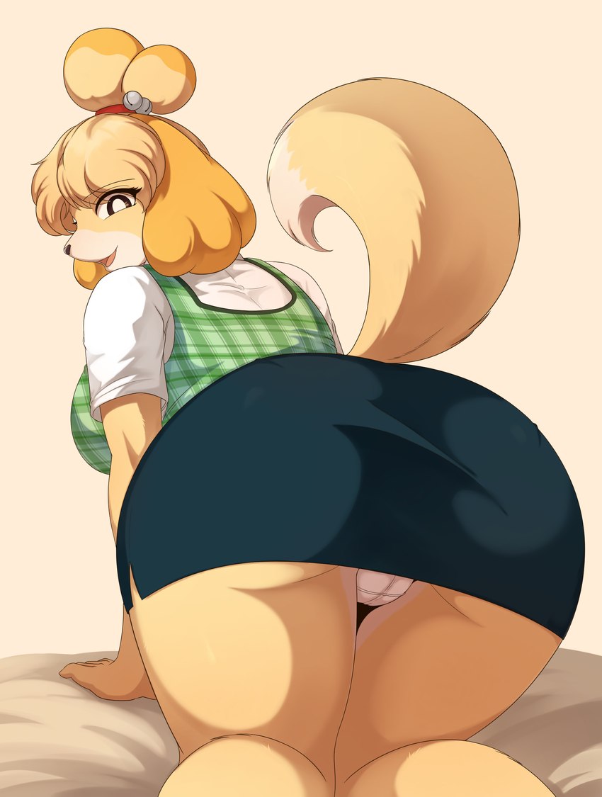 anthro biped blonde_hair bottomwear breasts butt camel_toe clothing female fur hair looking_at_viewer looking_back panties presenting presenting_hindquarters raised_tail skirt tail underwear yellow_body son2j animal_crossing nintendo isabelle_(animal_crossing) canid canine canis domestic_dog mammal shih_tzu toy_dog 2024 hi_res