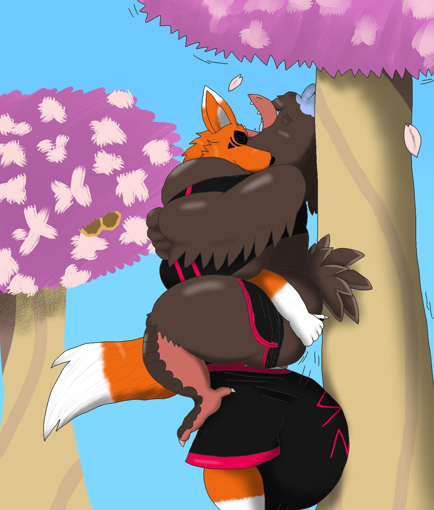 anthro balls big_balls big_breasts big_bulge breasts bulge cherry_blossom clothed clothed_sex clothing duo female flower genitals huge_balls huge_breasts huge_bulge hyper hyper_balls hyper_breasts hyper_bulge hyper_genitalia leaning_on_tree male male/female plant prunus_(flower) sex alythewolfcat animal_crossing nintendo ampelius plucky_(animal_crossing) avian bird canid canine chicken fox galliform gallus_(genus) mammal phasianid hi_res