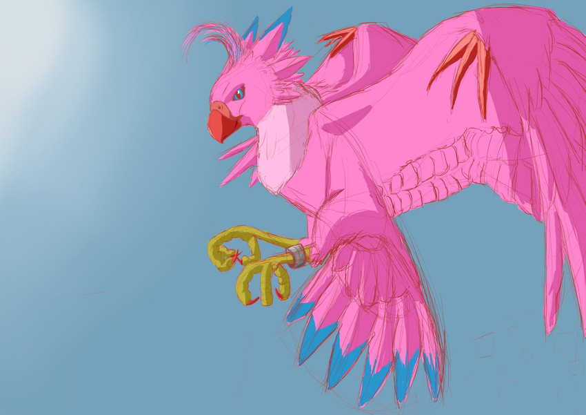 ambiguous_gender beak blue_background blue_eyes blue_markings claws feathers feral fiyobird gradient_background markings pink_body pink_feathers realistic red_claws ring ring_on_leg simple_background solo bandai_namco digimon avian bird biyomon digimon_(species) hi_res