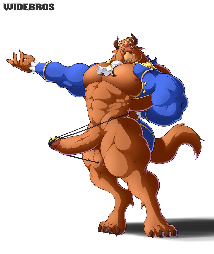 4_toes 5_fingers abs anthro balls barely_contained big_muscles big_pecs big_penis black_clothing black_underwear blue_clothing blue_eyes blue_topwear brown_balls brown_body brown_fur claws clothed clothing erection feet fingers fur genitals horn huge_muscles humanoid_genitalia humanoid_penis looking_at_viewer male muscular muscular_anthro muscular_male nipples open_clothing pecs penis sharp_teeth simple_background solo standing teeth toe_claws toes topwear underwear white_background widebros beauty_and_the_beast disney beast_(disney) monster hi_res