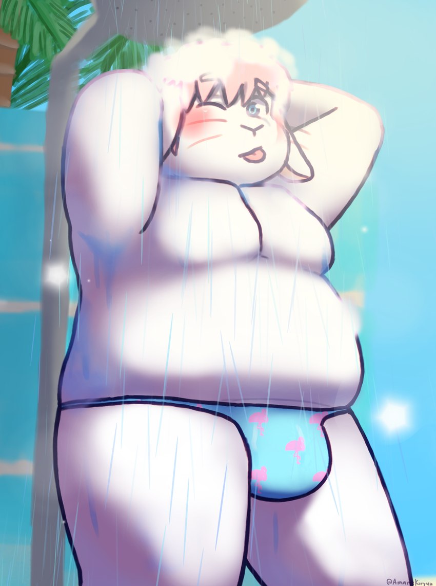 anthro bathing beach belly blep blush bulge clothing dripping_wet ears_down flamingo_pattern floppy_ears hands_behind_head male moobs overweight overweight_anthro overweight_male pattern_clothing pivoted_ears shower shower_head showering solo swimwear thong tongue tongue_out underwear wet whiskers amanekiryuu joshie_(calahootheyeen) lagomorph leporid mammal rabbit hi_res