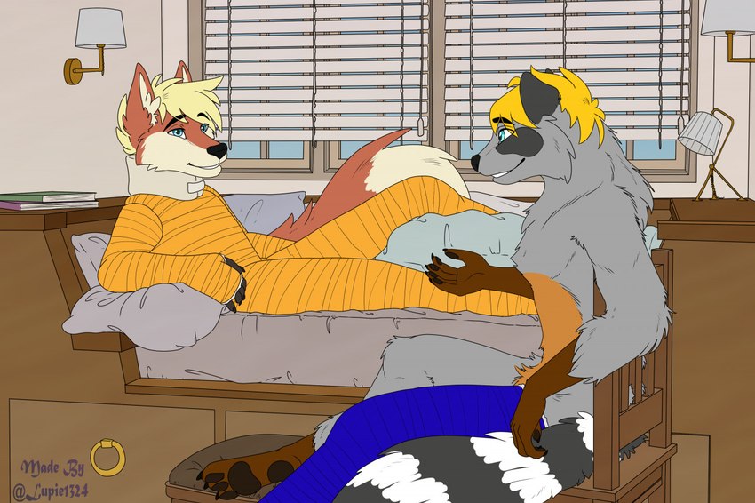 anthro bed blonde_hair body_cast cast chair duo full_body_cast fur furniture grey_body grey_fur hair immobilization male male/male orange_body orange_fur lupie1324 aspen_(castfox) mathias_(castfox) canid canine fox mammal procyonid raccoon