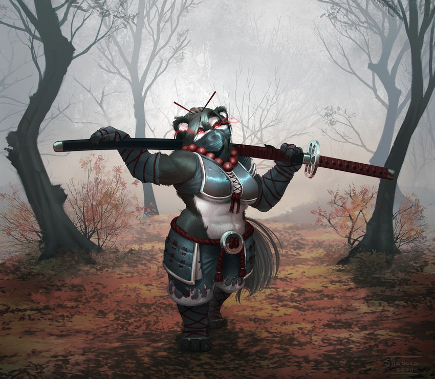 anthro breasts female forest glowing glowing_eyes medium_breasts melee_weapon plant red_eyes solo sword tree weapon shadoca blizzard_entertainment warcraft bear mammal pandaren hi_res