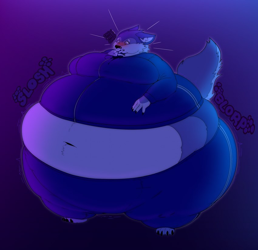 anthro bar_emanata belly berry_juice big_belly big_breasts blue_body blue_fur blueberry_inflation blueberry_juice blush body_inflation breasts chewing claws clothed clothing covering covering_mouth covering_own_mouth covering_self ears_back emanata expansion female fur inflation juice_(beverage) morbidly_obese motion_lines navel obese overweight pivoted_ears slosh sloshing_belly solo sound_effects standing thick_thighs toe_claws wide_hips swatchfodder canid canine canis mammal wolf hi_res