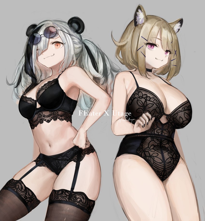 accessory big_breasts breasts choker clothing duo female garter_straps green_eyes grey_eyes hair hair_accessory hair_tie hand_on_hip jewelry legwear lingerie long_hair looking_at_viewer medium_breasts necklace pale_skin panties pupils slit_pupils smile teddy_(clothing) thick_thighs thigh_highs translucent translucent_clothing underwear nashidrop arknights hypergryph studio_montagne feater_(arknights) utage_(arknights) animal_humanoid bear chimera giant_panda humanoid hybrid mammal mammal_humanoid panda_humanoid ursid_humanoid ursine ursine_humanoid hi_res