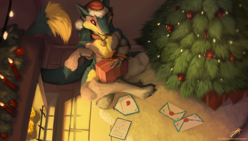 anthro bell bell_collar candle christmas_clothing christmas_headwear christmas_tree claws clothing collar cozy fangs fireplace fur gift green_body green_fur grey_body grey_fur hat headgear headwear holidays letters male paws plant red_eyes santa_hat smile solo tail tail_tuft teeth text tree tuft yellow_body yellow_fur zorg99 christmas brom_(sahurus) sergal absurd_res hi_res url
