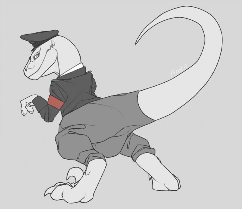 ambiguous_gender claws clothed clothing feral furgonomics grey_background hat headgear headwear looking_at_viewer looking_back pubic_boot rear_view simple_background solo standing tail tail_clothing toe_claws uniform amit dinosaur dromaeosaurid prehistoric_species reptile scalie theropod velociraptor 2013 sketch