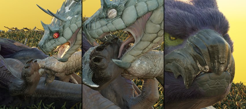 ambiguous/ambiguous ambiguous_gender duo feet foot_fetish foot_focus foot_grab foot_lick foot_play genitals hindpaw licking lying on_back paw_grab paws tongue tongue_out unimpressed cugaculoproductions capcom monster_hunter fanged_wyvern flying_wyvern nargacuga tobi-kadachi 3d_(artwork) absurd_res blender_(artwork) digital_media_(artwork) hi_res