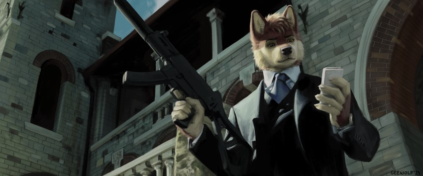 anthro building clothing electronics gun male phone ranged_weapon rifle silencer solo suit suit_and_tie weapon geewolf james_bond_(series) canid canine canis mammal wolf 2023 digital_media_(artwork) half-length_portrait hi_res portrait