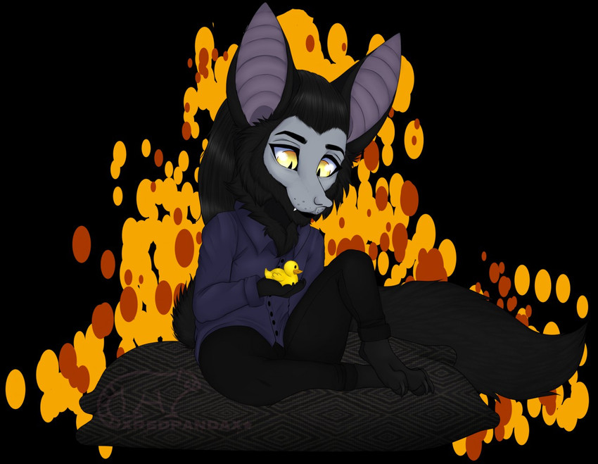 anthro big_ears black_body black_fur black_hair fluffy fur grey_body grey_fur hair long_hair looking_at_object male multicolored_body multicolored_fur rubber_duck simple_background sitting smile solo yellow_eyes xredpandax mammal myreus digital_media_(artwork) shaded