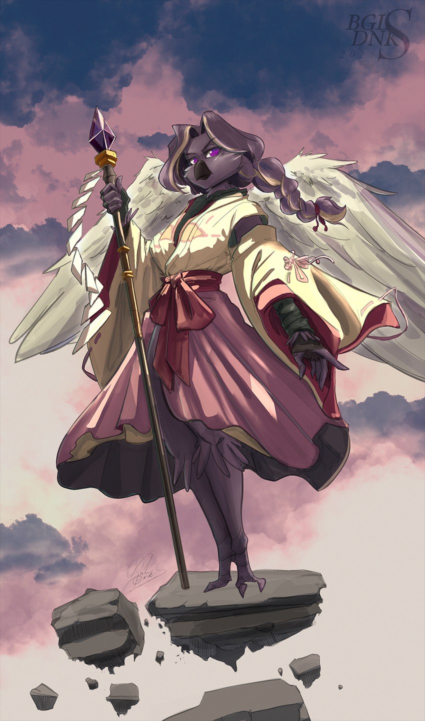 accessory angry anthro beak bottomwear braided_hair braided_ponytail clothing dark_hair feathered_wings feathers feet female gem gohei hair hair_accessory hair_tie magic magic_user ponytail purple_body purple_eyes purple_feathers purple_hair robe sash shrine_maiden skirt sky skyscape solo staff talons toes wings bigoldoinks zelnya_(comfyaoi) avian bird corvid corvus_(genus) oscine passerine raven hi_res textless