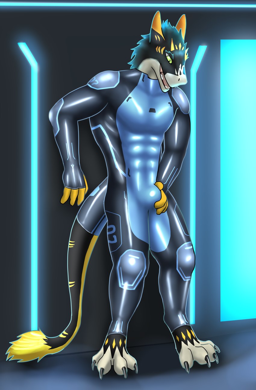 4_toes abs anthro black_claws bulge claws feet fur green_eyes holding_bulge latex latex_suit male mane muscular muscular_male solo suited tail tail_tuft toe_claws toes tuft yellow_tail_tuft wolf_nikail kronas hi_res