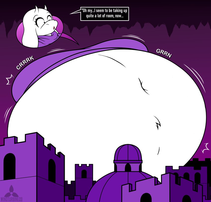 anthro belly belly_expansion big_belly big_breasts black_eyes body_inflation breast_expansion breasts cave city close-up clothing creaking dialogue expansion eyelashes female horn huge_belly huge_breasts hyper hyper_belly hyper_breasts hyper_inflation immobile inflation motion_lines navel onomatopoeia open_mouth purple_clothing purple_robe red_mouth robe solo sound_effects speech_bubble text white_body white_ears white_horn windturbine09 undertale_(series) toriel bovid caprine goat mammal 2024 absurd_res colored digital_media_(artwork) english_text hi_res