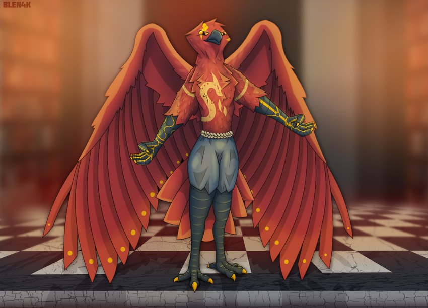 anthro beak claws male monk red_body solo spread_wings tattoo wings yellow_eyes blen4k aarakocra_(dnd) avian bird 2023 hi_res