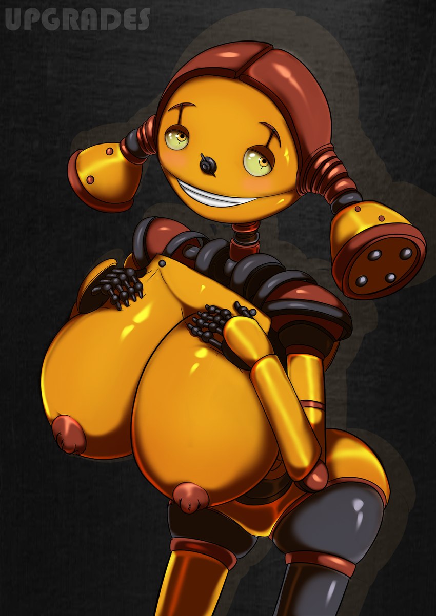 big_breasts breasts female grin hand_on_breast huge_breasts machine nipples not_furry smile solo yellow_body oddrich ztaroth blue_sky_studios robots_(film) piper_pinwheeler humanoid robot robot_humanoid 2021 hi_res portrait three-quarter_portrait