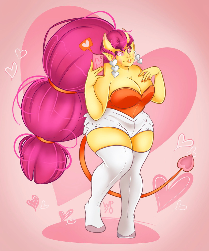 big_breasts bottomwear breasts cellphone cleavage clothed clothing electronics female fully_clothed hair heart_eyes heart_symbol not_furry phone pink_hair shorts solo spade_tail tail thick_thighs yellow_body catsmeow demon demon_humanoid humanoid 2020 hi_res