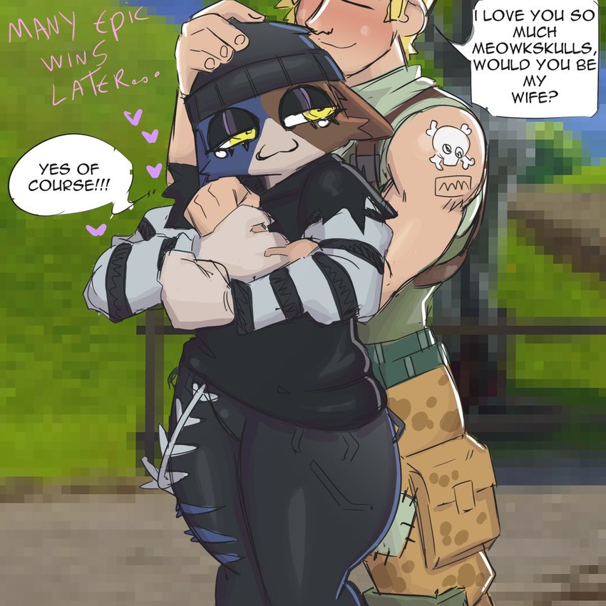 alternative_fashion anthro beanie blush clothed clothing duo female fur goth happy happy_ending hat headgear headwear hug hugging_another hugging_from_behind human_on_anthro interspecies male male/female marriage_proposal smile text topwear torn_clothing wide_hips water_enjoyer epic_games fortnite jonesy_(fortnite) meow_skulls calico_cat domestic_cat felid feline felis human humanoid mammal 1:1 english_text hi_res