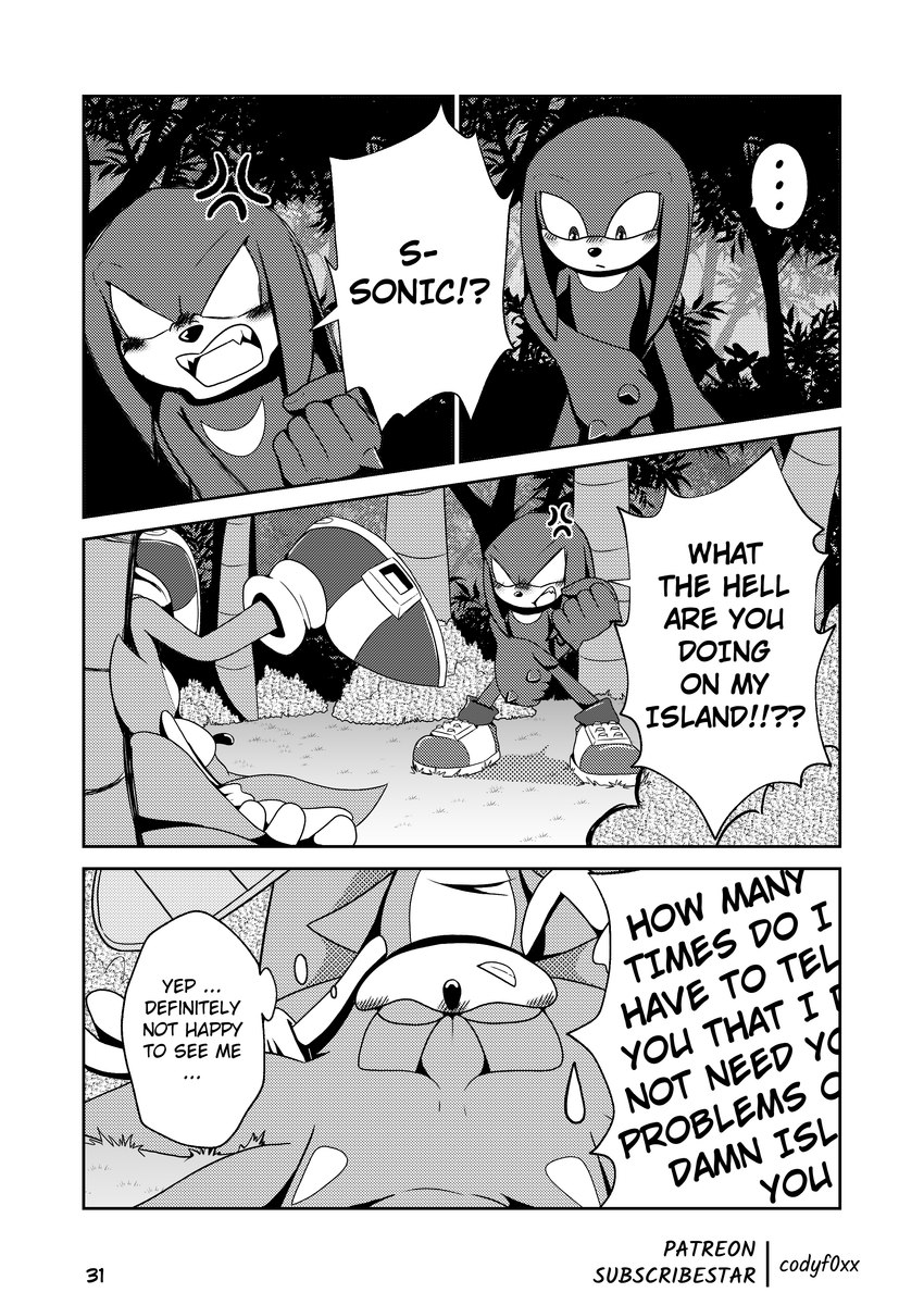 angel_island blush blush_lines clothed clothing footwear forest gloves handwear male manga_style partially_clothed plant shoes speech_bubble text tree codyf0xx sega sonic_the_hedgehog_(series) knuckles_the_echidna sonic_the_hedgehog echidna eulipotyphlan hedgehog mammal monotreme absurd_res comic english_text greyscale hi_res monochrome