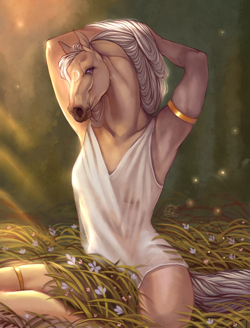 anthro female flower jewelry light light_beam looking_at_viewer plant purple_eyes sitting sitting_on_ground solo stretching sunbeam sunlight almatea mary_(bloopertrooper) equid equine horse icelandic_horse mammal hi_res