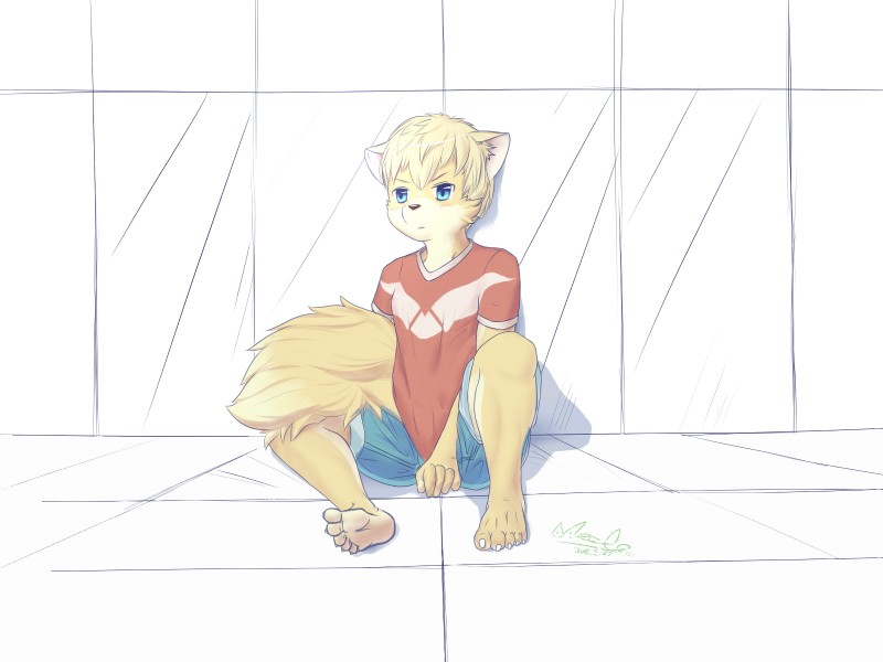 anthro blonde_hair blue_eyes claws hair male simple_background solo spread_legs spreading young young_male mooco_(artist) canid canine canis domestic_dog fox mammal 4:3 hi_res