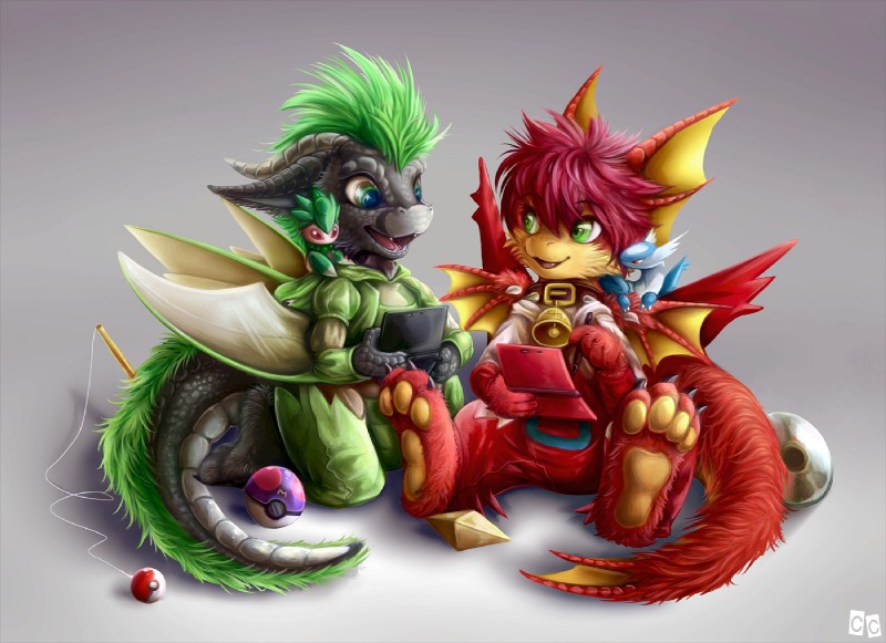 anthro bell bell_collar clothed clothing collar cosplay duo ear_fins electronics eyelashes female fin fishing_rod fur game_console gaming green_eyes green_hair grey_background grey_body grey_scales hair head_fin horn male master_ball micro playing_video_game plushie pokeball red_body red_fur scales simple_background sitting standard_pokeball stylus tail wings chibity mythology nintendo nintendo_3ds nintendo_ds_family pokemon chibity_(character) vexon dragon driggy fomantis furred_dragon furred_scalie generation_3_pokemon generation_7_pokemon hybrid latios legendary_pokemon mythological_creature mythological_scalie pokemon_(species) scalie 2017