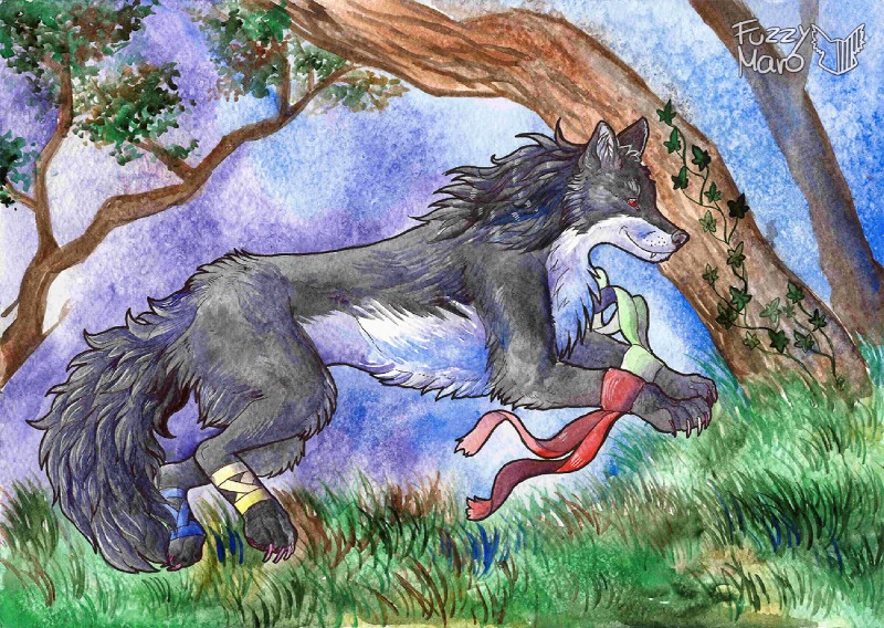 black_body black_fur feral forest fur grass plant running tree fuzzymaro canid canine canis mammal wolf painting_(artwork) traditional_media_(artwork) watercolor_(artwork)