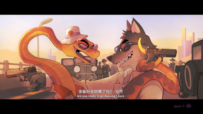 anthro chinese clothing dialogue duo feral gun handgun hat headgear headwear male pistol ranged_weapon sunset weapon dreamworks glock the_bad_guys mr._snake_(the_bad_guys) mr._wolf_(the_bad_guys) canid canine canis mammal reptile scalie snake wolf