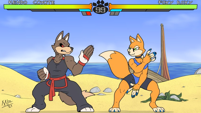 3_toes anthro barefoot beach biceps big_breasts black_sclera bottomwear breasts brown_body brown_fur claws cleavage clothed clothing curvy_figure detailed_background digitigrade duo feet female fighting_game fighting_game_ui fighting_pose fingers fur gameplay_mechanics green_eyes gui health_bar imminent_fight imminent_violence keikogi male martial_arts_uniform multicolored_body multicolored_fur muscular muscular_anthro muscular_male orange_body orange_fur outside pose red_eyes sea seaside shorts smile sportswear standing tan_body tan_fur teeth text thick_thighs toes two_tone_body two_tone_fur voluptuous water wide_hips meatboom brutal_paws_of_fury foxy_roxy kendo_coyote canid canine canis coyote fox mammal 16:9 2021 character_name dated digital_media_(artwork) english_text hi_res widescreen