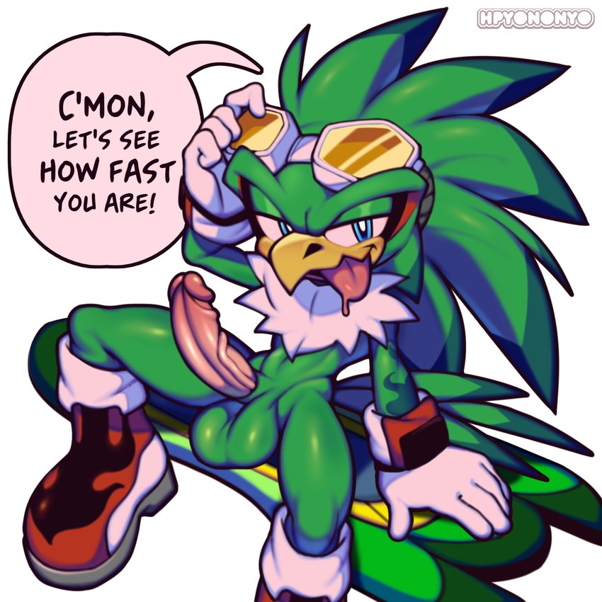 anthro balls beak boots clothing dialogue eyewear eyewear_on_head feathers footwear genitals gloves goggles goggles_on_head green_body green_feathers handwear hoverboard humanoid_genitalia humanoid_penis male mostly_nude penis seductive shoes sitting solo text tongue tongue_out hpyononyo sega sonic_riders sonic_the_hedgehog_(series) jet_the_hawk accipitrid accipitriform avian bird 1:1 2023 absurd_res english_text hi_res