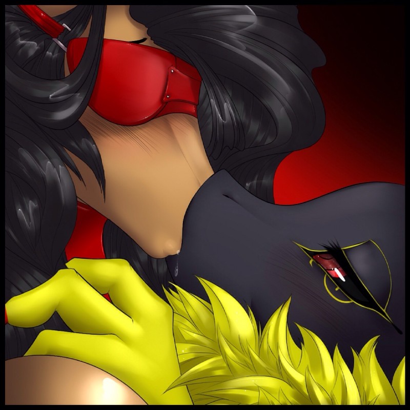 alternate_color anthro black_body black_fur black_nose black_sclera blindfold blush chest_tuft close-up duo eyebrows female female/female fur half-closed_eyes interspecies kiss_on_lips kissing latex narrowed_eyes tuft yellow_body yellow_fur mirapony bandai_namco digimon anna_(kelnich) fan_character renabastet canid canine digimon_(species) equid equine horse mammal renamon 1:1 2015