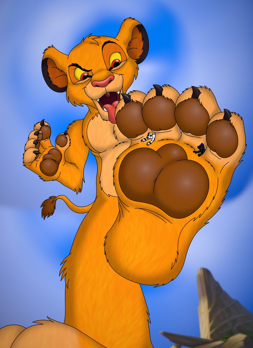 anthro anthrofied claws day detailed_background dominant dominant_young feet foot_fetish foot_focus group hindpaw low-angle_view macro male male/male micro outside panthera_leo pawpads paws sky soles solo_focus stomping stomping_pov toes worm's-eye_view young young_anthro young_male zenobius disney the_lion_king simba_(the_lion_king) felid lion mammal pantherine absurd_res digital_media_(artwork) hi_res