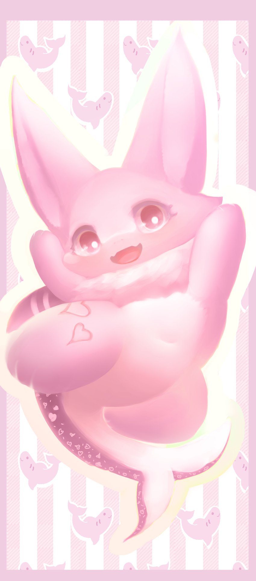 3_fingers 4_toes anthro blush daww dorsal_fin featureless_crotch feet female female_anthro fin fingers fur heart_symbol jumping kemono leg_markings long_ears looking_at_viewer markings navel neck_tuft nude open_mouth pink_body pink_ears pink_eyes pink_fur pink_heart pink_inner_ear pink_skin pink_stripes pointy_ears prick_ears pupils raised_arms red_tongue shark_tail slightly_chubby smile solo stripes tail tail_markings thigh_markings toes tongue tuft unusual_pupils white_body white_pupils white_skin hasukii paper_(redace83) canid canine fish hybrid mammal marine shark absurd_res hi_res