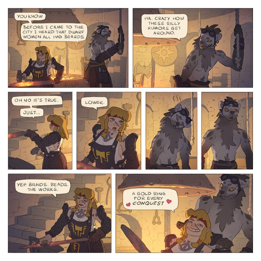 anthro anvil blacksmithing clothing dialogue eyewear female fire goggles inside male melee_weapon scar surprise sword tattoo text weapon saintmonstre blacksmith_dwarf_(saintmonstre) blacksmith_gnoll_(saintmonstre) dwarf gnoll humanoid hyena mammal 1:1 comic english_text hi_res