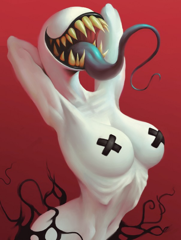 big_tongue breasts creepy emaciated eyeless female gradient_background hands_behind_head long_tongue navel nightmare_fuel nipple_tape not_furry pasties pose red_background rib_lines ribs sharp_teeth simple_background skinny smile solo tape teeth tongue white_body white_skin ikiki avaritia_(ikiki) humanoid monster monstrous_humanoid 2018 digital_media_(artwork) hi_res