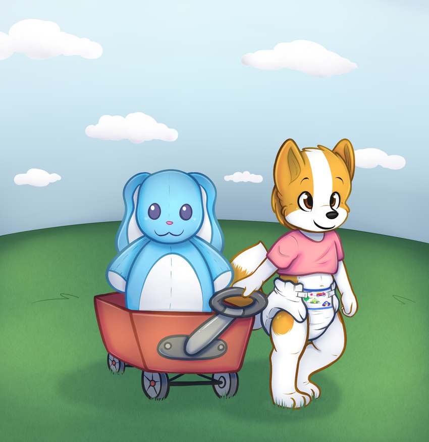 animal_plushie anthro car_print clean_diaper clothed clothing daww diaper male monotone_clothing monotone_shirt monotone_t-shirt monotone_topwear outside pink_clothing pink_shirt pink_t-shirt pink_topwear plushie print_diaper pulling_wagon rabbit_plushie shirt solo t-shirt toddler topwear vehicle_print wagon_cart wearing_diaper young young_anthro uniamoon kizgin canid canine canis domestic_dog inanimate_object lagomorph mammal hi_res