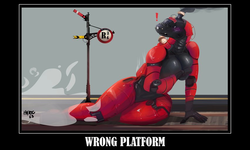 anthro big_breasts black_body blush blush_lines breasts countershading covering covering_breasts covering_self distressed exclamation_point eyeless female glistening glistening_body locomotive machine platform pole railway_track red_body reverse_countershading semaphore signal_light smoke solo steam steam_locomotive text vehicle havoc63 harry_potter_(series) living_machine living_train living_vehicle locomorph steam_locomorph english_text hi_res shaded