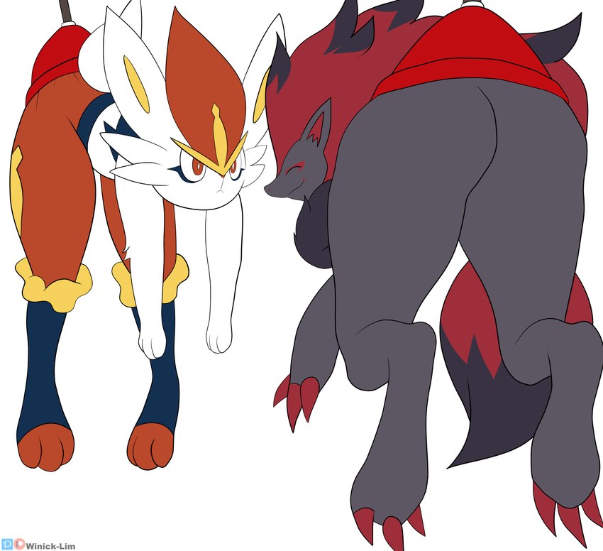 ambiguous_gender anthro butt confusion duo eyes_closed looking_at_another plunger plunger_butt_grab smile winick-lim nintendo pokemon cinderace generation_5_pokemon generation_8_pokemon pokemon_(species) zoroark 2022 absurd_res digital_media_(artwork) hi_res