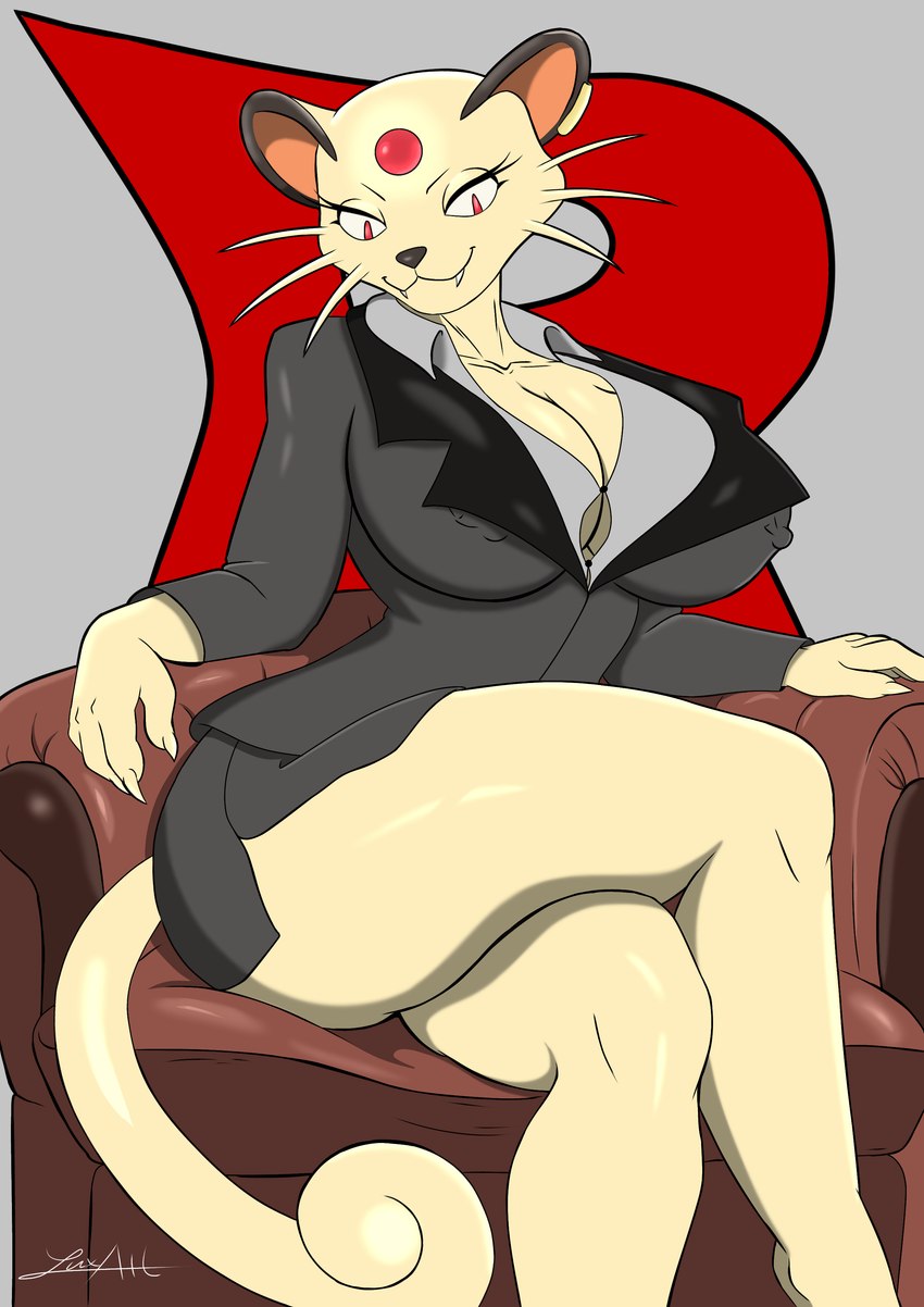 anthro big_breasts breasts business_suit chair cleavage clothed clothing crossed_legs dress_shirt female furniture looking_at_viewer on_chair shirt sitting sitting_on_chair solo suit tail thick_thighs topwear luxartking nintendo pokemon team_rocket felid feline generation_1_pokemon mammal persian_(pokemon) pokemon_(species) absurd_res hi_res