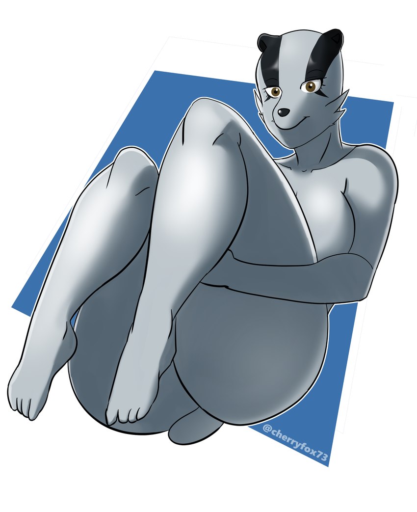 anthro big_breasts big_butt breasts butt female fur looking_at_viewer nude simple_background smile solo thick_thighs cherryfox73 bianca_(cherryfox73) badger mammal mustelid musteline absurd_res hi_res