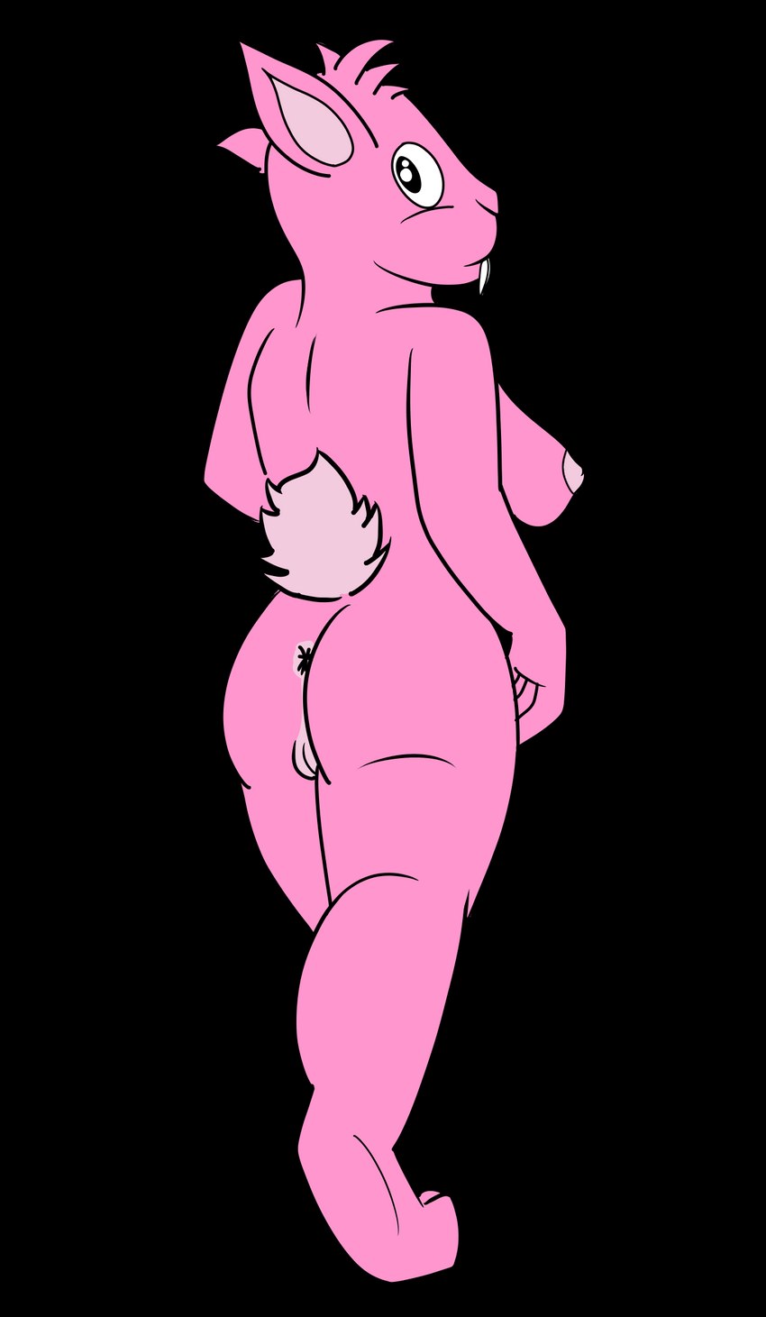 anthro anus breasts buckteeth butt female fluffy fluffy_tail genitals looking_back nipples nude pink_body pussy simple_background solo tail teeth transparent_background walking lendri_mujina neopets meepit petpet_(neopets) 2023 alpha_channel dated hi_res signature