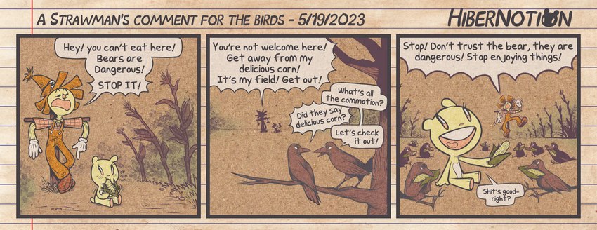 anthro beak black_beak black_body black_feathers buckteeth corn countershading dialogue eating eyelashes feathers female feral food fur group holding_food holding_object male open_mouth open_smile plant profanity scarecrow sitting smile speech_bubble teeth teeth_showing text tree white_body white_countershading white_fur yelling yellow_body yellow_fur hibernotion hibernotion_(comics) sunny_bear animate_inanimate avian bear bird corvid corvus_(genus) crow mammal oscine passerine 2023 absurd_res comic english_text hi_res