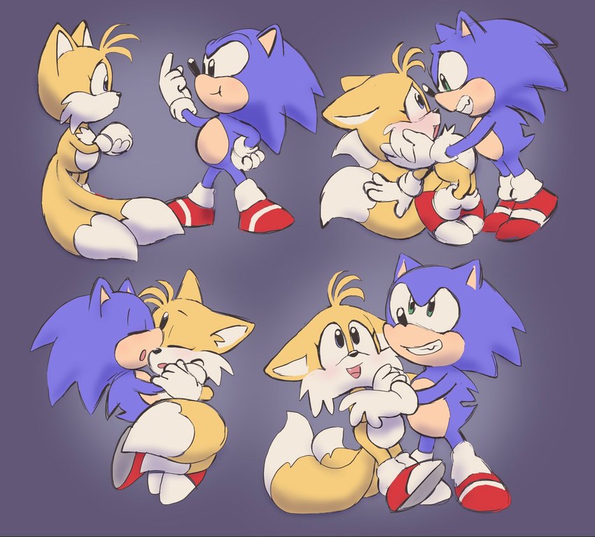 2_tails anthro clothing cuddling duo footwear male multi_tail pronounced_browridge shoes tail dokudrinker sega sonic_the_hedgehog_(series) miles_prower sonic_the_hedgehog canid canine eulipotyphlan fox hedgehog mammal 2022 hi_res