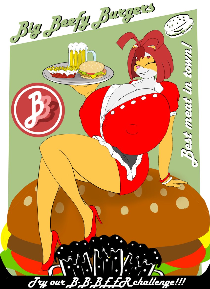 advertisement alcohol anthro apron beer bent_arm bent_legs beverage big_breasts breasts breasts_on_lap burger caption cleavage clothed clothing element_drop_shadow extended_arm female food foot_over_edge footwear fries hair high_heels holding_object holding_tray huge_breasts hyper hyper_breasts intense_stutter kalya knock-kneed leg_over_edge logo multicolored_body on_food over_edge pink_nose red_clothing red_hair serving serving_alcohol serving_beverage serving_food serving_tray shoes sitting sitting_on_food smile solo stuttering stylized_text text text_drop_shadow tray tucked_arm two_tone_body waiter tamboribora domestic_ferret mammal mustelid musteline true_musteline weasel digital_media_(artwork) english_text hi_res