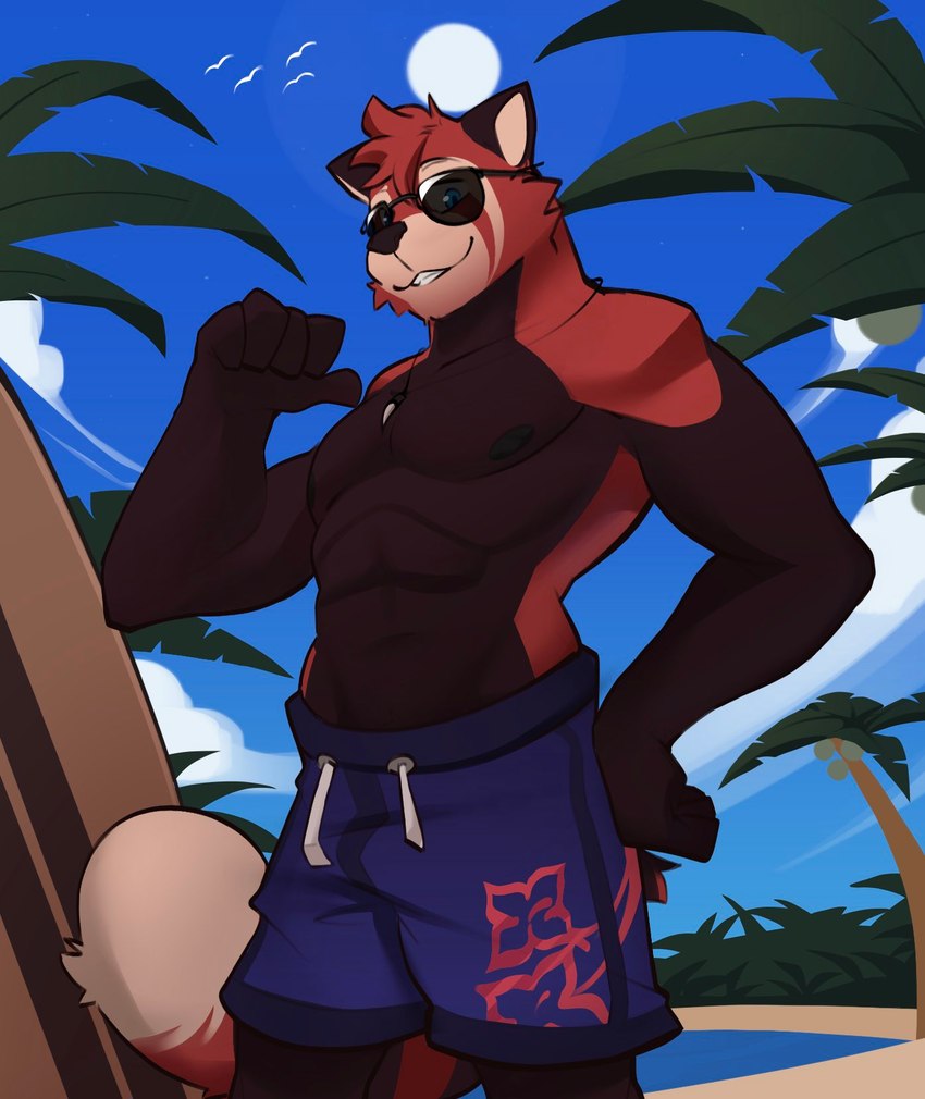 abs anthro beach clothing day eyewear fur hand_on_hip head_tuft jewelry male muscular muscular_anthro muscular_male necklace nipples outside palm_tree pecs plant seaside smile solo standing sunglasses swimming_trunks swimwear tree tuft water rygel_spkb ailurid mammal red_panda 2021 hi_res