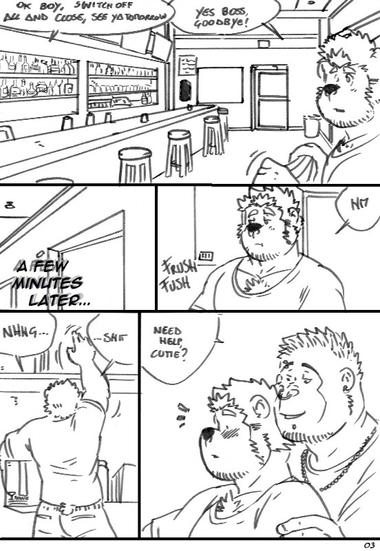 anthro bar barman beard blush dialogue duo facial_hair male manly muscular overweight piercing pub seductive shy slightly_chubby teasing text whispering husky92 josh_(husky92) wolfdave ape bear gorilla haplorhine mammal monkey primate comic english_text hi_res monochrome