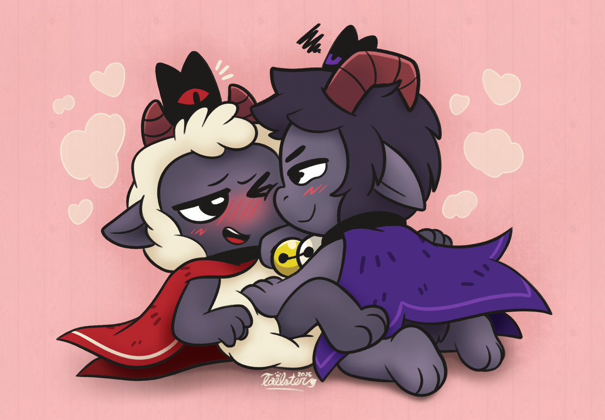 2_horns 4_fingers ambiguous/ambiguous ambiguous_gender anthro anthro_on_anthro bedroom_eyes black_body black_fur blush blush_lines cloak clothing duo feet fingers flirting floppy_ears fur heart_symbol horn humanoid_feet humanoid_hands humanoid_on_humanoid looking_at_another looking_at_partner looking_down looking_pleasured love lying narrowed_eyes on_back on_top open_mouth plantigrade purple_cloak purple_clothing red_cloak red_clothing romantic romantic_ambiance romantic_couple seductive toes white_body white_fur wool_(fur) tailster13 cult_of_the_lamb massive_monster_(studio) goat_(cult_of_the_lamb) lamb_(cult_of_the_lamb) purple_crown_(cult_of_the_lamb) red_crown_(cult_of_the_lamb) bovid caprine goat humanoid mammal sheep hi_res pseudo_incest_(lore)