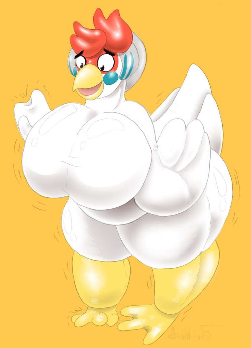 anthro big_breasts blue_markings breasts featureless_breasts feet female huge_breasts hyper hyper_breasts latex markings membrane_(anatomy) overweight overweight_female simple_background solo standing toes transformation webbed_feet white_body wide_eyed yellow_background ashwolves5 cucco hi_res