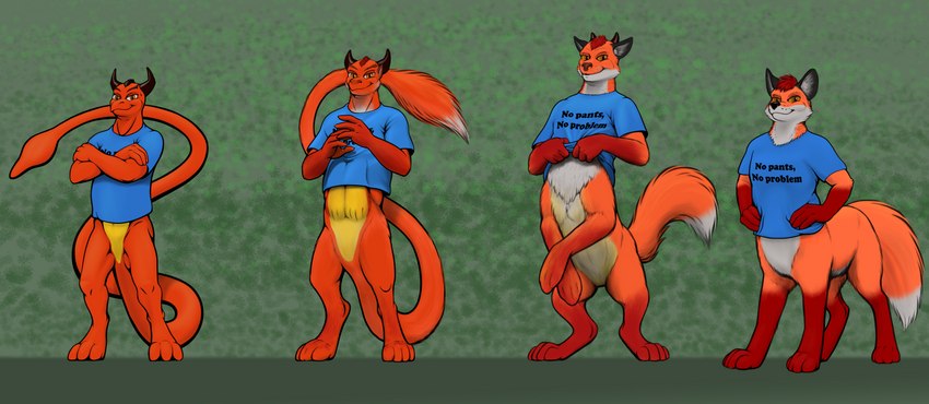 anthro anthro_to_taur biped biped_to_quadruped blue_clothing blue_shirt blue_t-shirt blue_topwear bottomless bottomless_anthro bottomless_male bottomless_taur clothed clothing clothing_lift digitigrade eyebrows featureless_crotch fur gloves_(marking) horn leg_markings looking_at_viewer male markings multicolored_body multicolored_fur on_hind_legs orange_body orange_fur pupils quadruped red_body red_fur shirt shirt_lift slit_pupils socks_(marking) solo t-shirt text text_on_clothing text_on_shirt text_on_topwear topwear topwear_only transformation white_body white_fur menagerie canid canid_taur canine canine_taur fox fox_taur mammal mammal_taur taur 2023 english_text hi_res